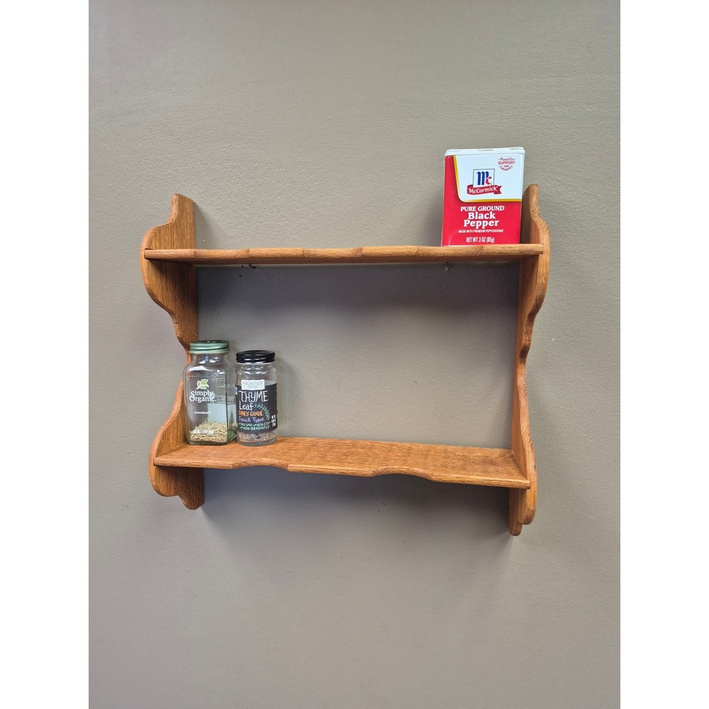 Vintage Handmade Solid Oak Wall Shelf 2 Tier Spice Rack Scalloped Rustic Decor